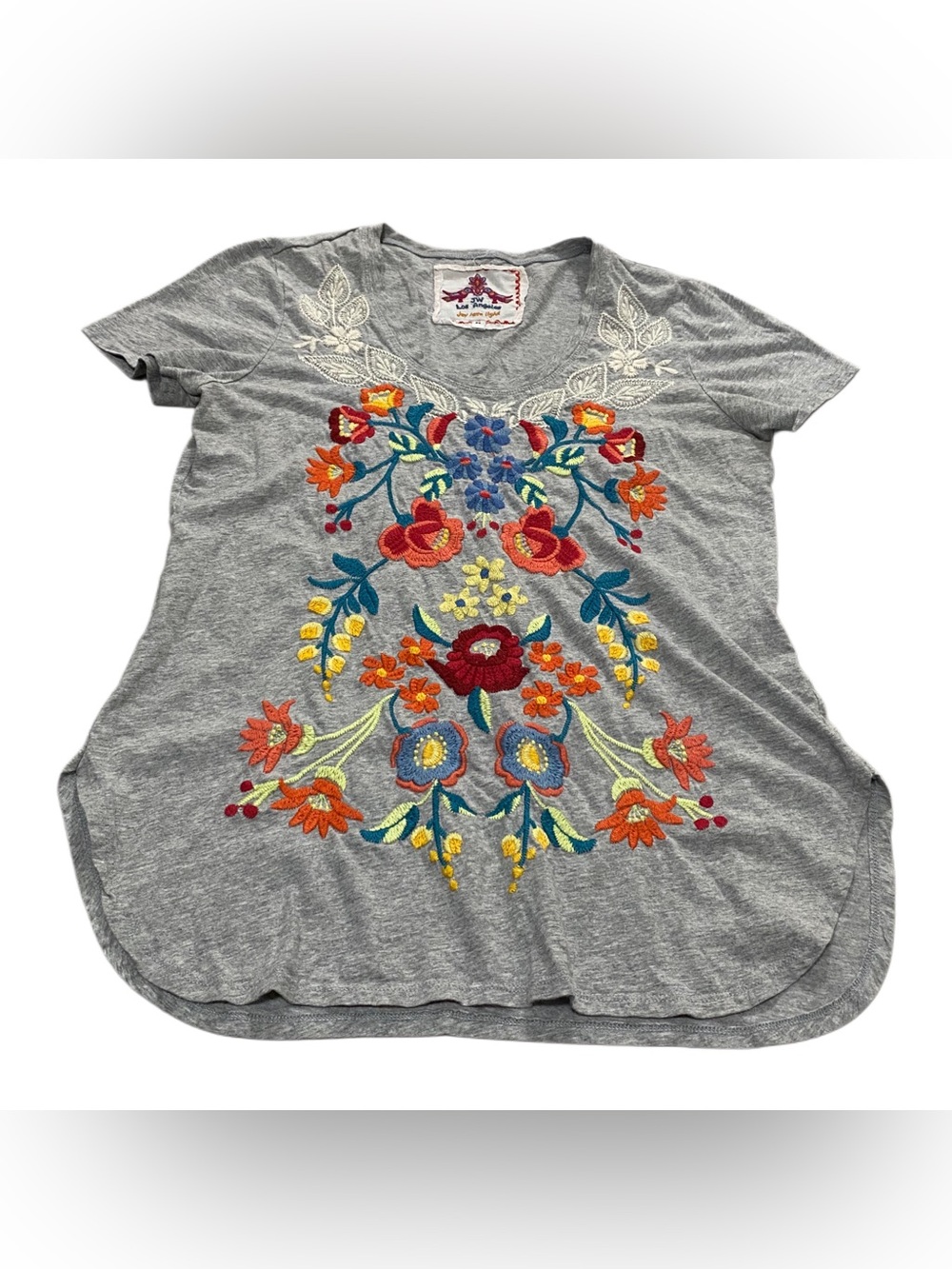 Johnny Was Embroidered Shirt Women M Floral Boho Short Sleeve Cotton